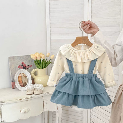 Spring and Autumn Baby Kids Girls Butterfly-bows Pattern Long Sleeves Beige Top and Sleeveless Onesies Overalls Clothing Set-0